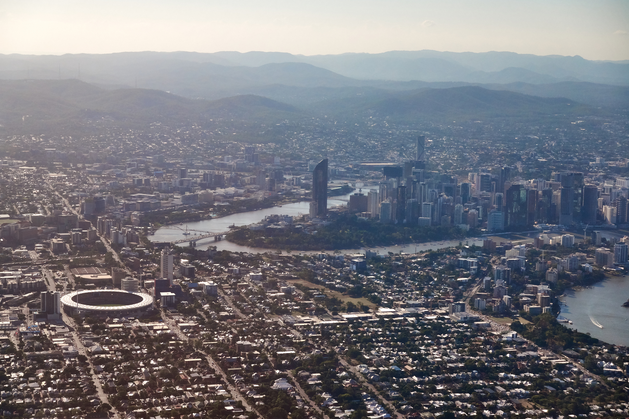 Aerial panoramic view of Brisbane CBD, Australia